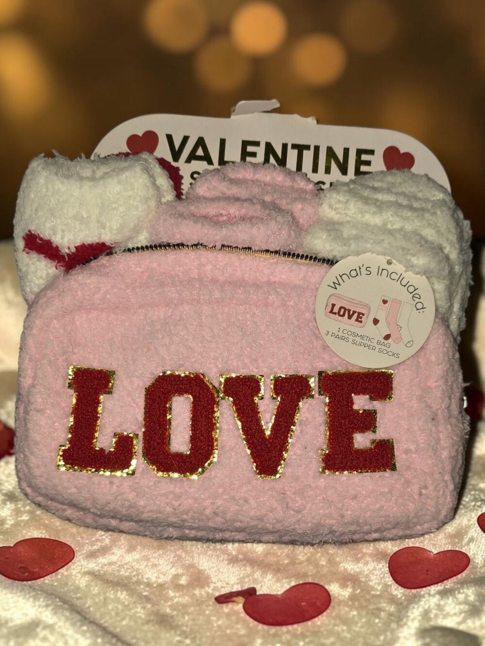 Pink LOVE Fuzzy Cosmetic Bag with Socks